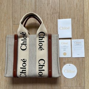 Chloe Small Woody tote bag in cotton canvas, 100% authentic Chloe brand.